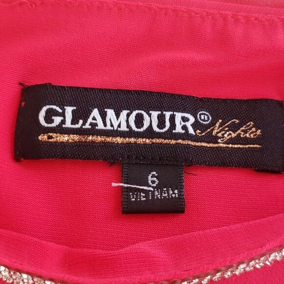 Glamour Nights Dress sz 6 Rhinestone Trim Cold Shoulder Sheer Asymmetric Modest - Picture 3 of 5